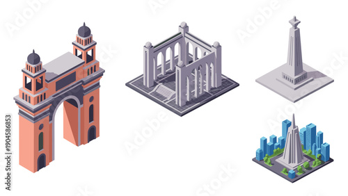 Isometric landmark icons of famous monuments and structures