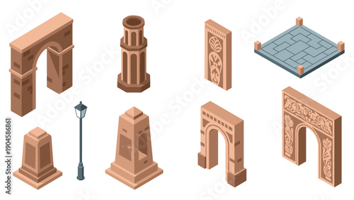 Isometric ancient architecture icons set: arches, columns, stone structures, and patterns