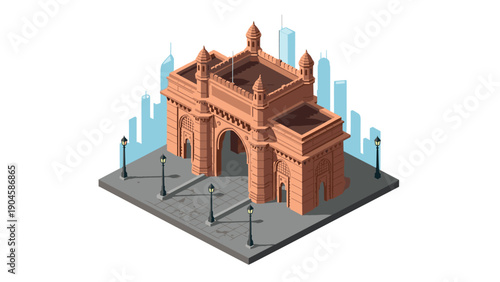 Isometric gateway landmark with city background and street lamps
