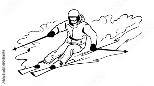 Black and white line art illustration of a skier skiing downhill on a snowy slope. Winter sport concept with dynamic motion, minimal outline style, and outdoor adventure theme.