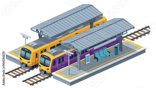 Isometric train station with yellow and purple trains on tracks