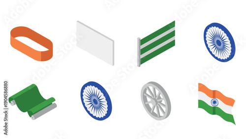 Isometric indian flag elements collection with ashoka chakra and saffron green white colors