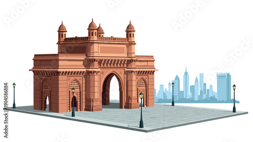 Gateway monument against cityscape with clear sky and modern buildings