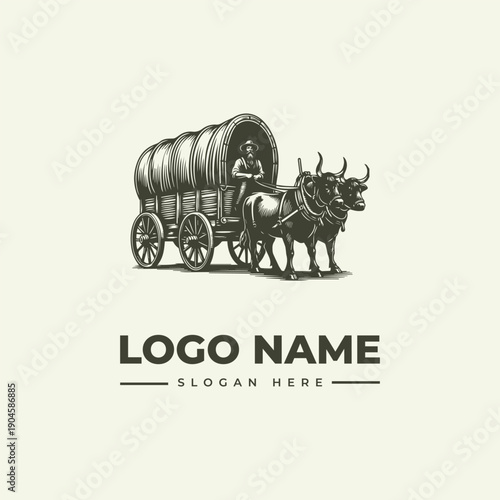 Vintage engraving of a person riding a covered wagon pulled by two oxen with a logo name and slogan on a clean white background.