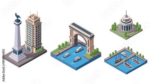 Isometric cityscape with monument and urban landmarks including hotel, bridge, and harbor