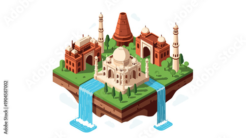 Isometric indian architecture with floating landscape and waterfalls