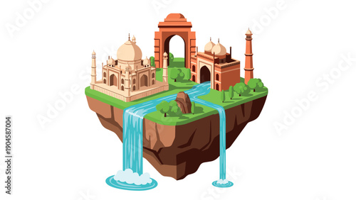 Floating island with iconic indian landmarks: taj mahal and india gate