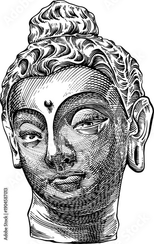 Illustration of Buddha's head drawn using crosshatching technique. Suitable for your graphic design needs.