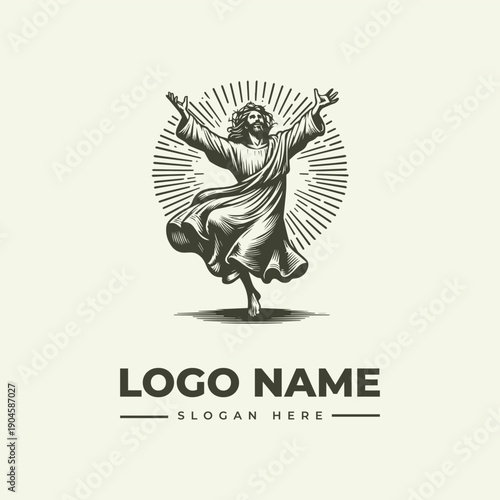 A vintage engraving style illustration of Jesus Christ with outstretched arms, surrounded by sunburst lines, against a plain background, with a logo name and slogan placeholder in a