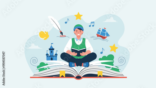 A smiling person reads atop an open book, surrounded by thematic imagery