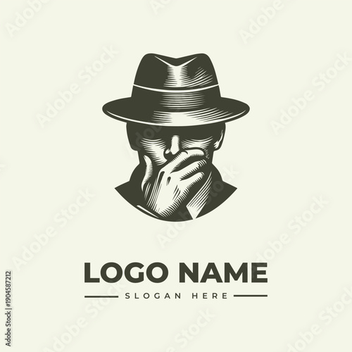 A grayscale illustration of a man wearing a fedora and covering his mouth with his hand, with a logo name and slogan placeholder in a simple, monochromatic design.
