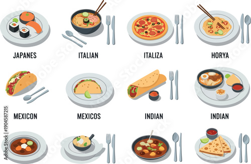 Collection of various international cuisines and dishes from around the world displayed on plates and bowls