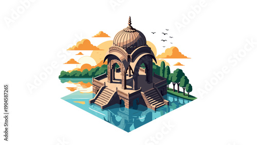 Decorative pavilion by the lake at sunset with reflection and birds in flat design