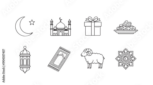 Islamic Holiday Icons: Crescent Moon, Mosque, Gift, Dates, Lantern, Prayer Mat, Sheep, Mandala