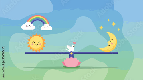 A smiling sun and moon with a rainbow and dove on a seesaw