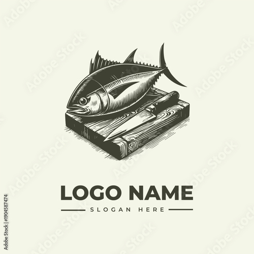 A vintage engraving-style logo featuring a fish on wooden planks with a placeholder logo name and slogan in a classic, monochromatic design.