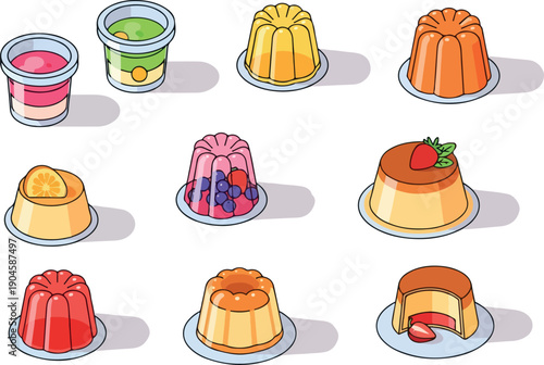 A delicious collection of colorful and refreshing gelatin desserts and puddings, presented in various molds and containers
