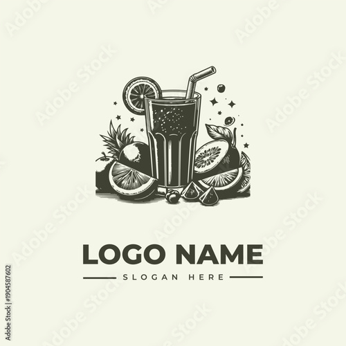 Vintage engraving style logo featuring a refreshing drink with a straw surrounded by fruit slices against a clean white background.