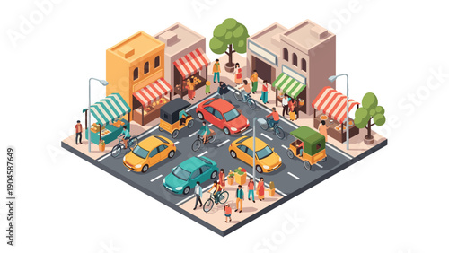 Isometric city street scene with colorful buildings and busy traffic