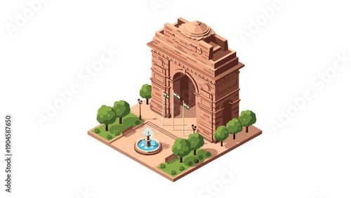Isometric india gate monument with trees and fountain in urban park setting