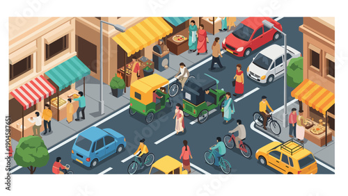 Busy urban street scene with cyclists and vehicles in a vibrant city setting