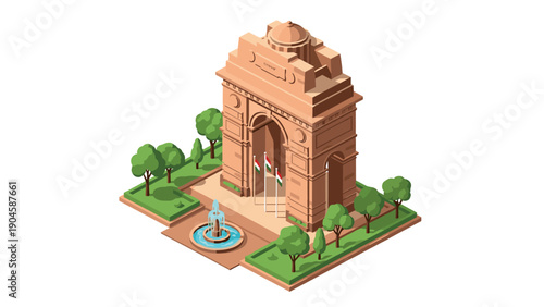 Isometric design of india gate with surrounding park and fountain