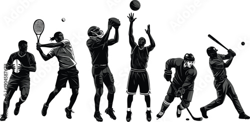 Athletic men playing rugby, tennis, football, basketball, ice hockey, and baseball sports, isolated monochrome vector illustrations on white background.