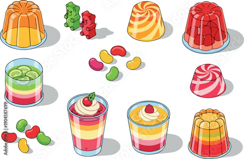 Collection of colorful layered gelatin desserts and jelly beans in various flavors and designs, presented in a playful isometric illustration