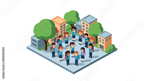 Isometric school children gathering outdoors in uniform with backpacks