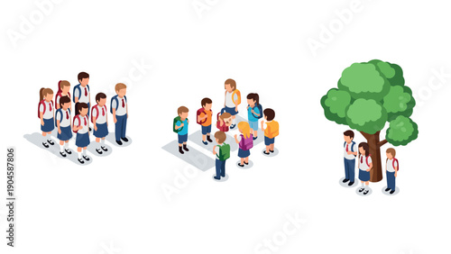 Isometric schoolchildren in uniform: group activities and social interaction