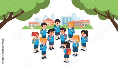 Flat design school kids in uniforms playing outdoors with backpacks and trees