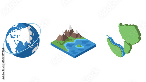 Isometric planet, topography, and river basin design elements