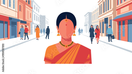 Colorful urban scene with faceless woman in traditional attire
