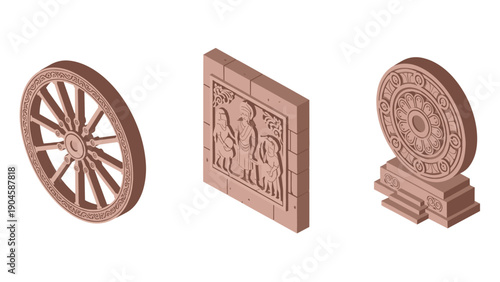 Ancient indian artifacts in isometric style showcasing cultural heritage and historical designs