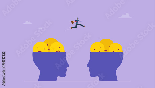 Businessman jump to happy side of head. Change attitude from negative to positive. Changing mind thoughts and switch sides for opinion concept, stressed management or mental health awareness.