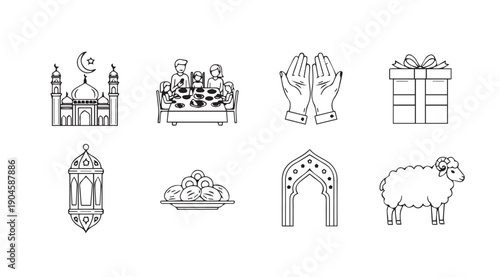 Islamic Holiday Icons: Mosque, Family Meal, Prayer, Gift, Lantern, Food, Arch, Sheep