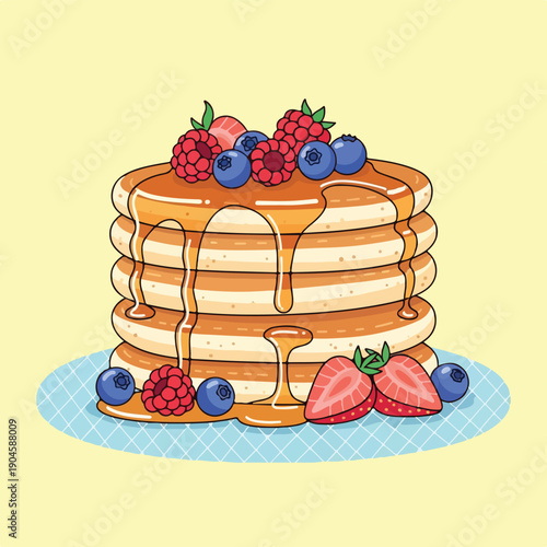 A stack of golden pancakes with syrup and assorted berries