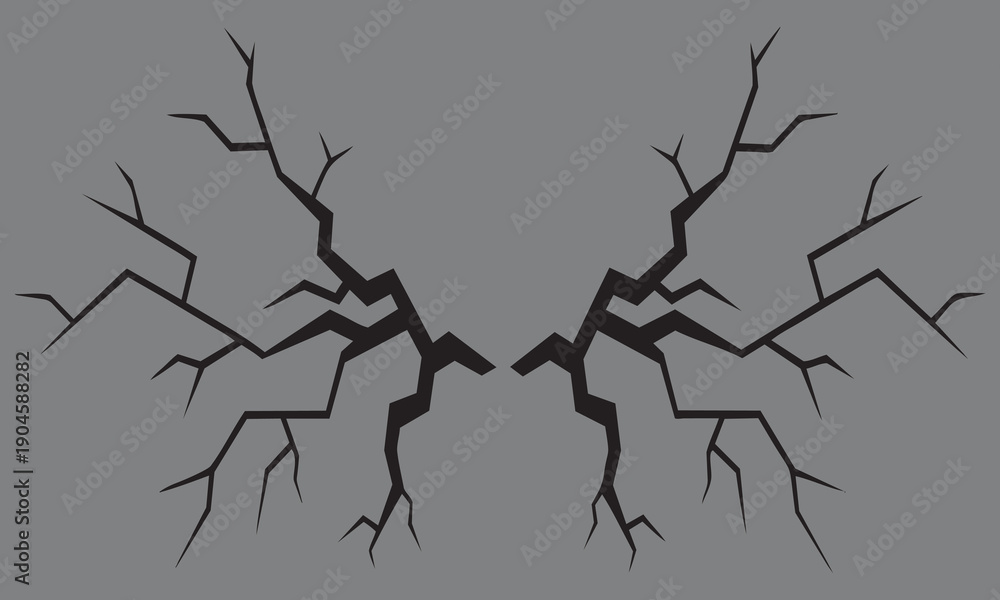 Fototapeta premium Symmetrical black cracks on gray background Keywords: crack, fracture, break, split, damage