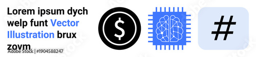 Black dollar sign, microchip with brain outline, and metadata tag icon portraying integration of finance, AI, and social media. Ideal for technology, fintech, AI innovation, social trends digital