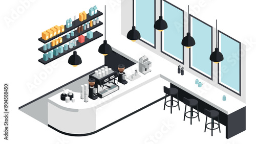 Isometric modern café interior design with baristas and equipment