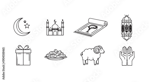Islamic Holiday Icons Set: Moon, Mosque, Prayer Mat, Lantern, Gift, Dates, Sheep, Hands