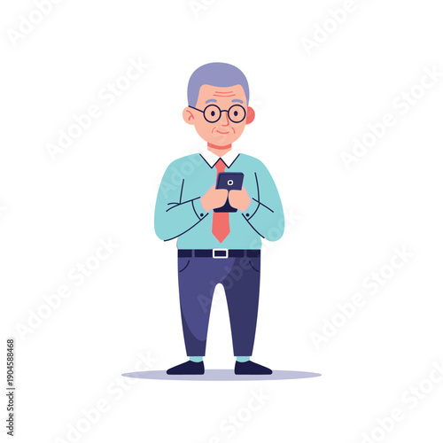 An older man in glasses looks at his smartphone with a concerned expression.