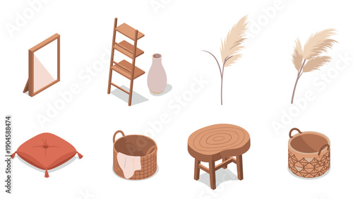 Isometric boho home decor elements with natural textures and earthy tones
