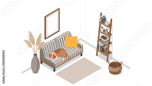 Cozy living room with dog on striped sofa and bookshelf in isometric style