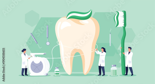 Dental Care Team. Tooth Hygiene. Flat Design. Vector Illustration.