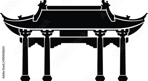 Chinese Gate Silhouette | Traditional Arch with Thick Pillars Vector Illustration