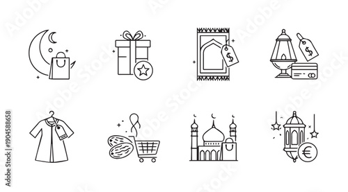 Islamic Holiday Shopping Icons: Ramadan Eid Sale & Festive Elements