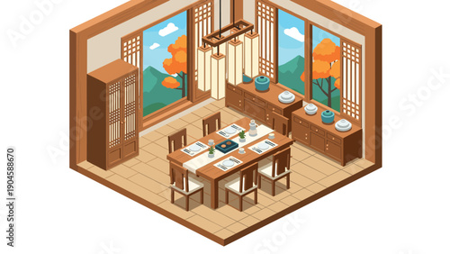 Traditional japanese dining room in autumn with sliding screens and wooden furniture