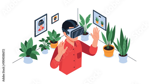Immersive virtual reality experience with interactive greenery and wall art in an isometric room