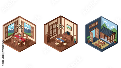 Traditional japanese dining rooms with wooden interiors and mount fuji views in isometric design